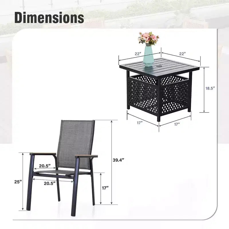 Captiva Designs 3pc Outdoor Patio Dining Steel Table & Gray Wood-look Arm Textilene Sling Chairs