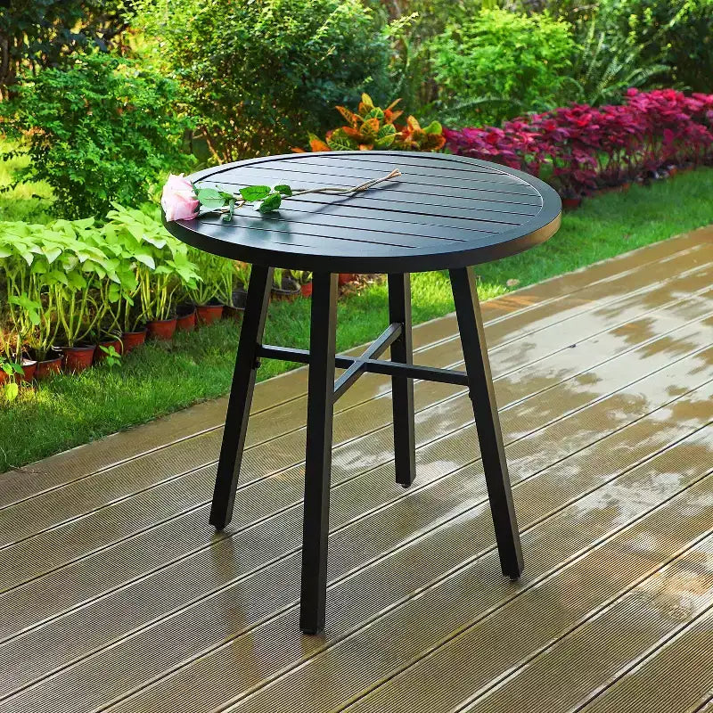 Captiva Designs 3pc Outdoor Patio Dining Steel Table & Gray Wood-look Arm Textilene Sling Chairs