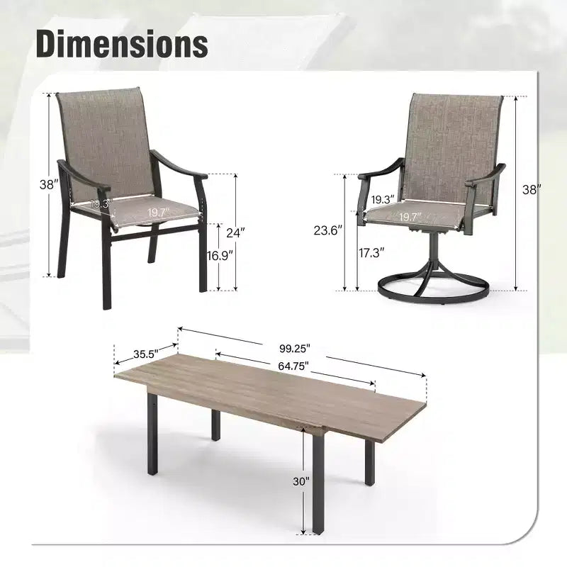 Captiva Designs 7pc Outdoor Patio Expandable Steel Dining Table & Brown Textilene Arm Chairs