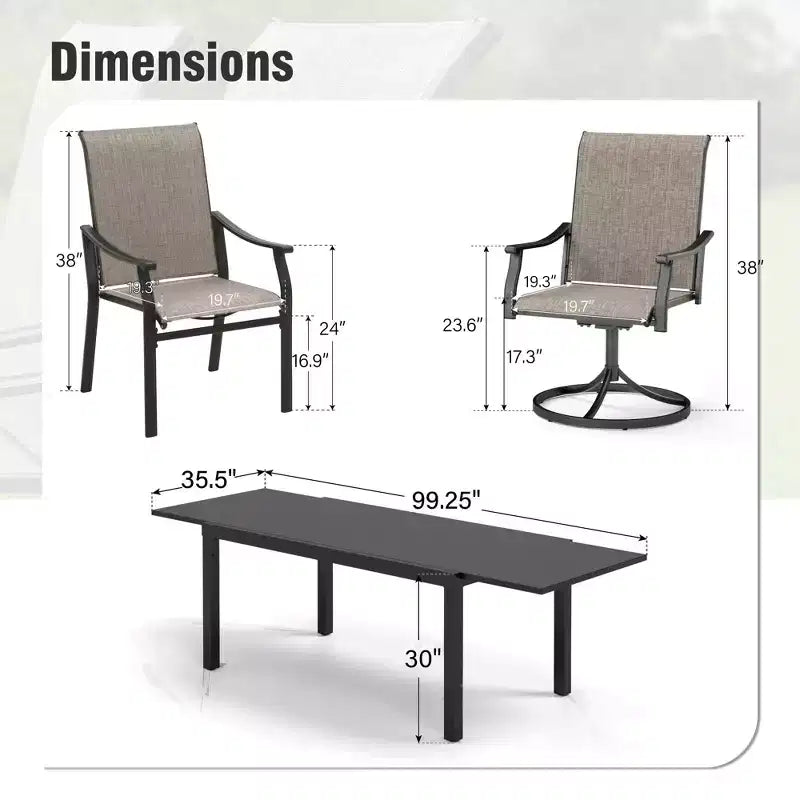 Captiva Designs 7pc Outdoor Patio Expandable Steel Dining Table & Brown Textilene Arm Chairs