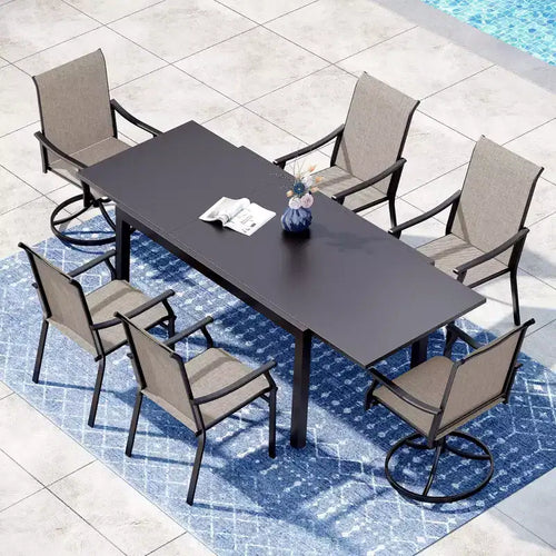 Captiva Designs 7pc Outdoor Patio Expandable Steel Dining Table & Brown Textilene Arm Chairs
