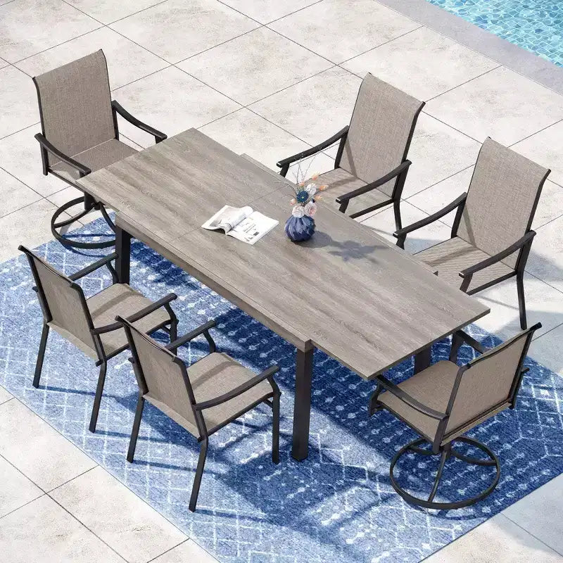 Captiva Designs 7-teiliges erweiterbares Outdoor-Esszimmerset mit Terrassen-Tisch aus Stahl und braunen Textilene-Armlehnstühlen