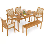 Costway 6PCS Outdoor Acacia Wood Dining Set Rectangle Dining Table with 4 Chairs & Bench