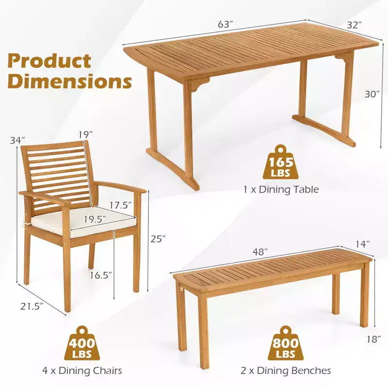 Costway 6PCS Outdoor Acacia Wood Dining Set Rectangle Dining Table with 4 Chairs & Bench