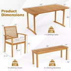 Costway 6PCS Outdoor Acacia Wood Dining Set Rectangle Dining Table with 4 Chairs & Bench