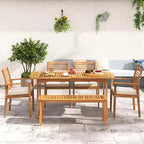 Costway 6PCS Outdoor Acacia Wood Dining Set Rectangle Dining Table with 4 Chairs & Bench