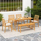 Costway 6PCS Outdoor Acacia Wood Dining Set Rectangle Dining Table with 4 Chairs & Bench