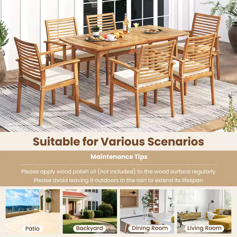 Costway 6PCS Outdoor Acacia Wood Dining Set Rectangle Dining Table with 4 Chairs & Bench