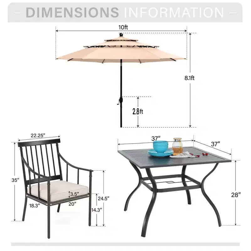 Captiva Designs 6pc Patio Square Table with Steel Frame & Stylish Cushioned Chairs &10ft Umbrella