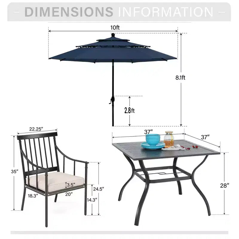 Captiva Designs 6pc Patio Square Table with Steel Frame & Stylish Cushioned Chairs &10ft Umbrella