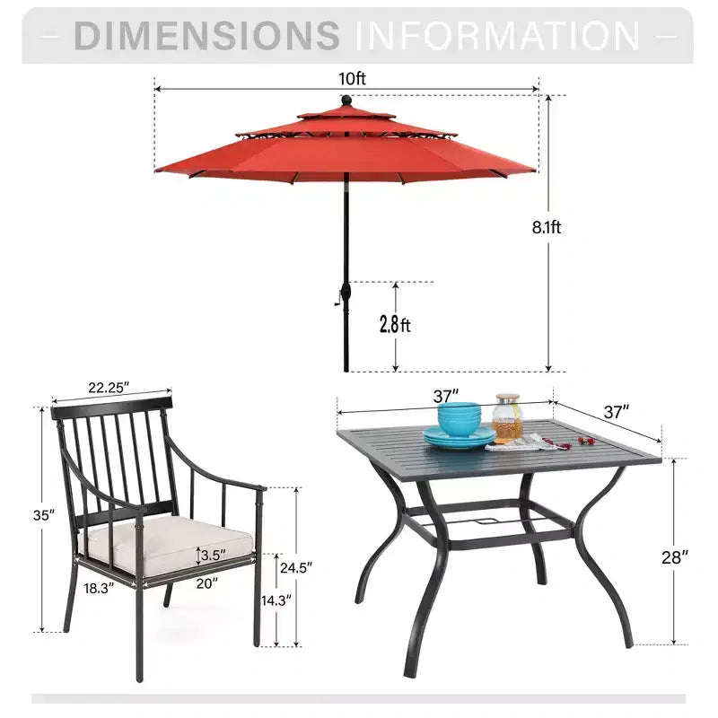 Captiva Designs 6pc Patio Square Table with Steel Frame & Stylish Cushioned Chairs &10ft Umbrella