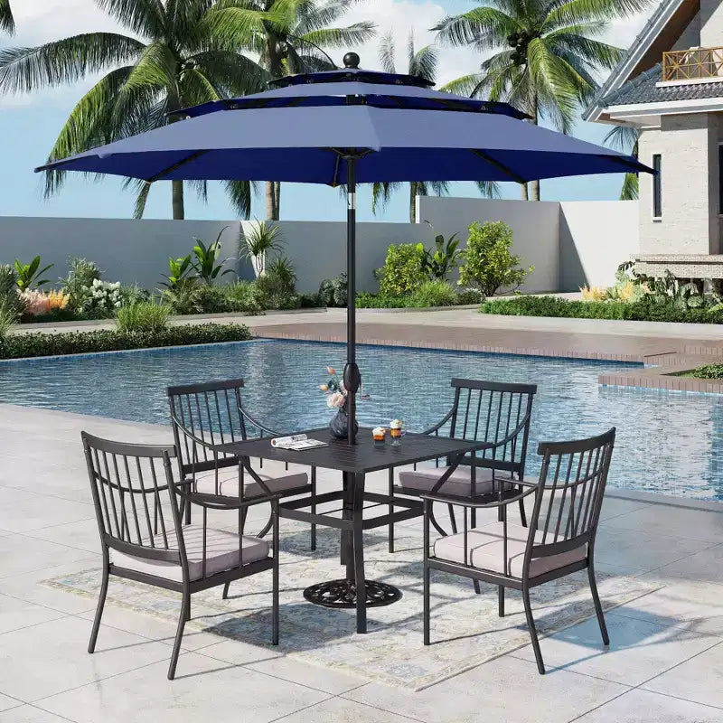 Captiva Designs 6-teiliges quadratisches Terrassentisch-Set mit Stahlgestell, stilvollen gepolsterten Stühlen und 10-Fuß-Sonnenschirm