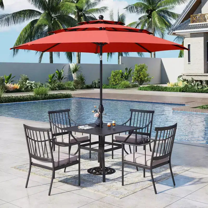 Captiva Designs 6-teiliges quadratisches Terrassentisch-Set mit Stahlgestell, stilvollen gepolsterten Stühlen und 10-Fuß-Sonnenschirm