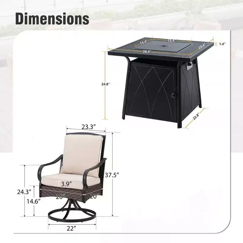 Captiva Designs 5pc Patio Dining Square Steel Fire Pit Table & Armrest Metal Frame Chairs