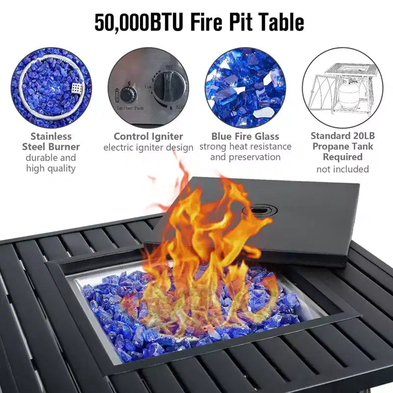 Captiva Designs 5pc Patio Dining Square Steel Fire Pit Table & Armrest Metal Frame Chairs