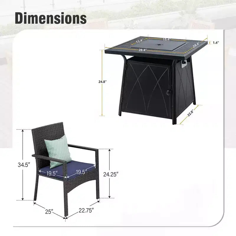 Captiva Designs 5pc Patio Dining Square Steel Fire Pit Table & Armrest Metal Frame Chairs