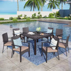 Captiva Designs Outdoor 9Pc Cast Aluminum Square Metal Dining Table with Umbrella Hole & Cushioned Wicker Rattan Chairs