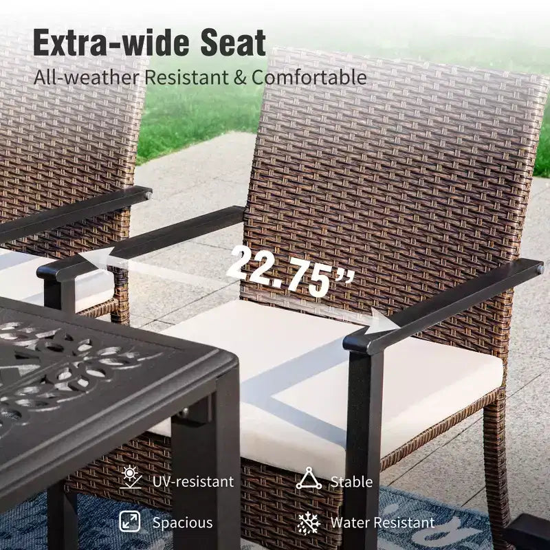 Captiva Designs Outdoor 9Pc Cast Aluminum Square Metal Dining Table with Umbrella Hole & Cushioned Wicker Rattan Chairs