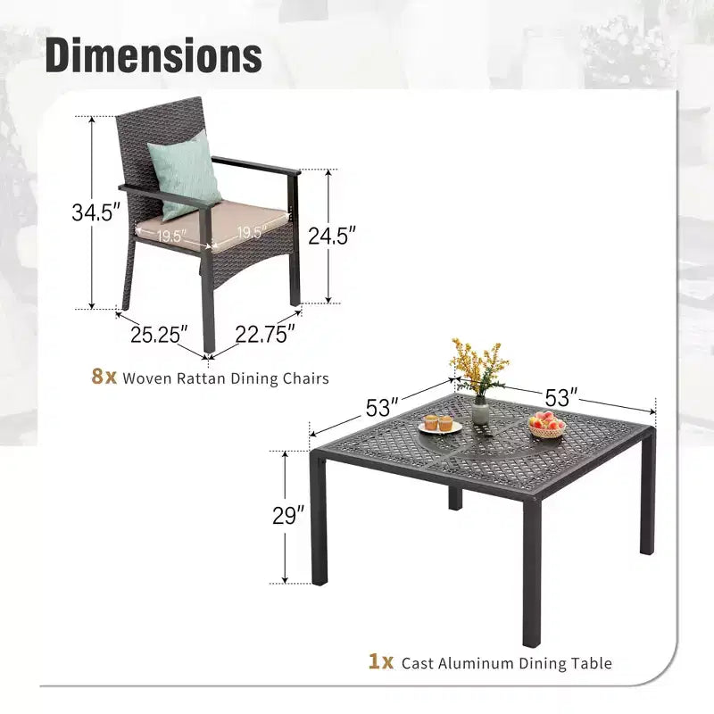 Captiva Designs Outdoor 9Pc Cast Aluminum Square Metal Dining Table with Umbrella Hole & Cushioned Wicker Rattan Chairs