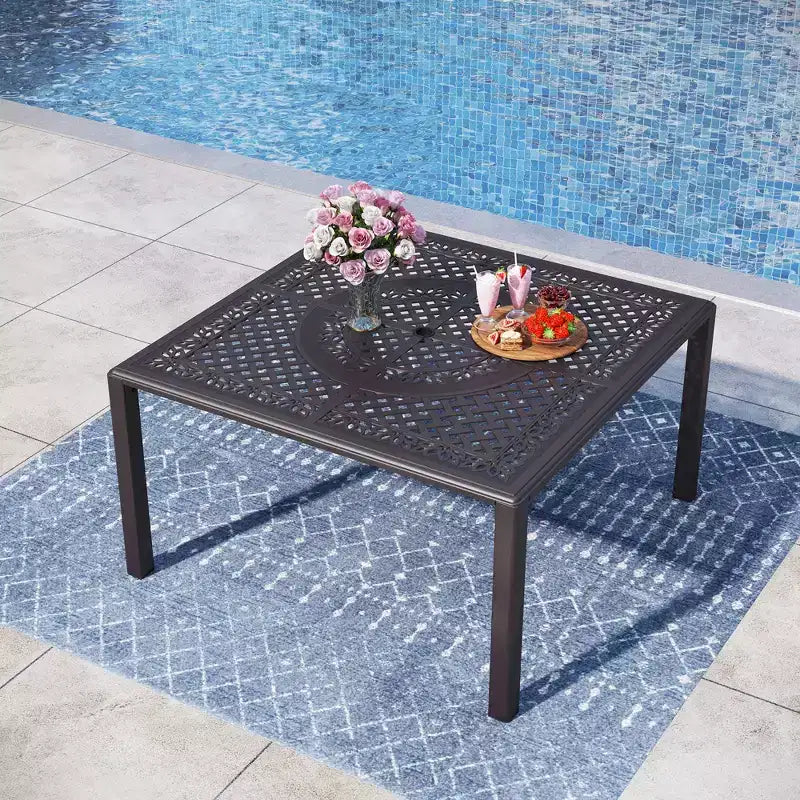 Captiva Designs Outdoor 9Pc Cast Aluminum Square Metal Dining Table with Umbrella Hole & Cushioned Wicker Rattan Chairs