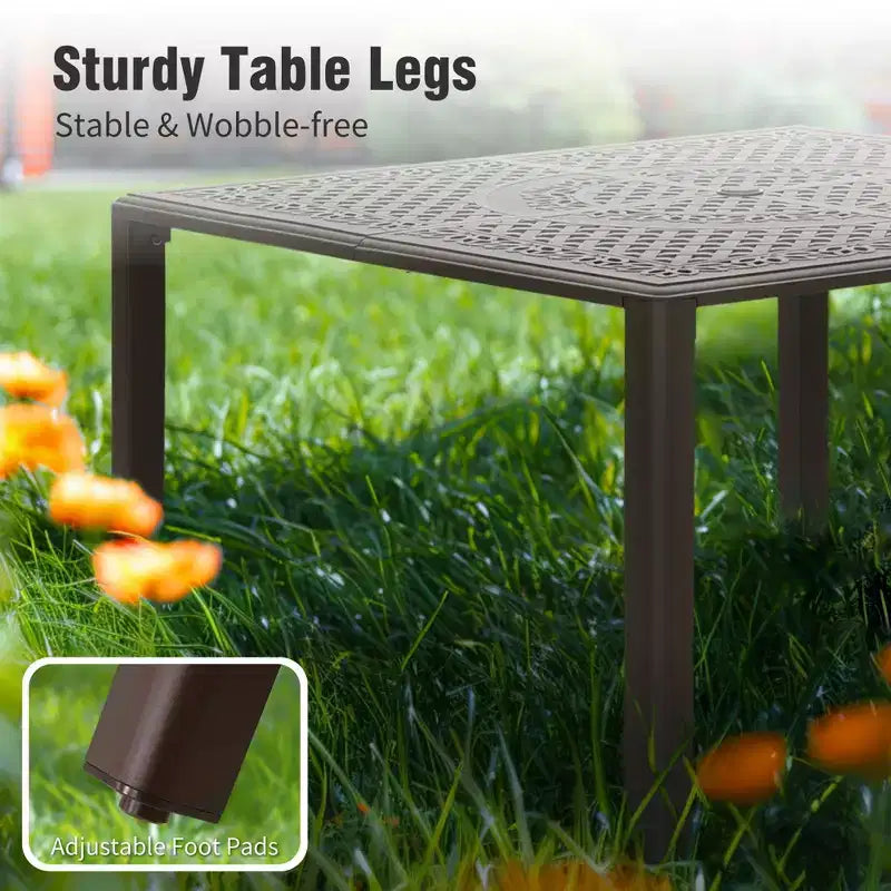 Captiva Designs Outdoor 9Pc Cast Aluminum Square Metal Dining Table with Umbrella Hole & Cushioned Wicker Rattan Chairs