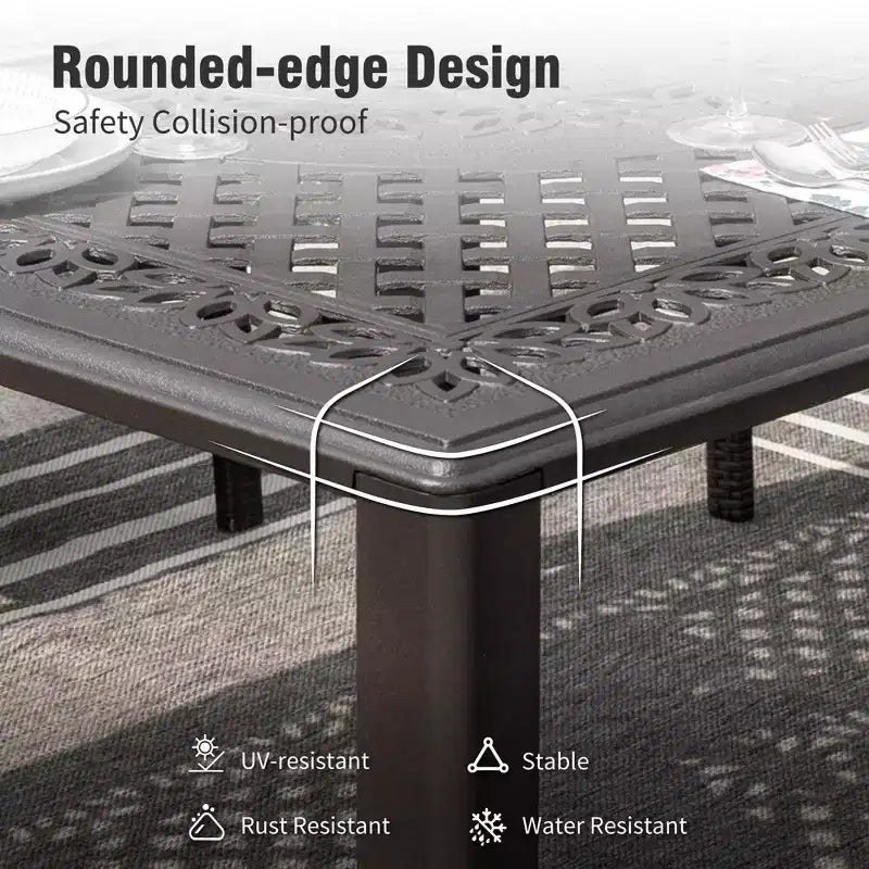 Captiva Designs Outdoor 9Pc Cast Aluminum Square Metal Dining Table with Umbrella Hole & Cushioned Wicker Rattan Chairs