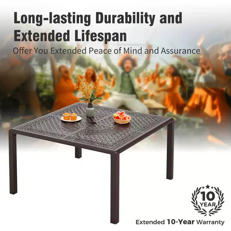 Captiva Designs Outdoor 9Pc Cast Aluminum Square Metal Dining Table with Umbrella Hole & Cushioned Wicker Rattan Chairs