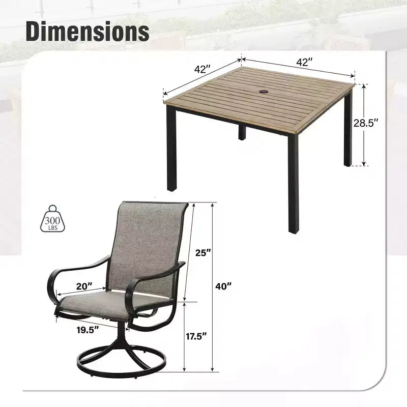 Captiva Designs 5pc Outdoor Patio Square Dining Steel Table & Swivel Sling Metal Chairs