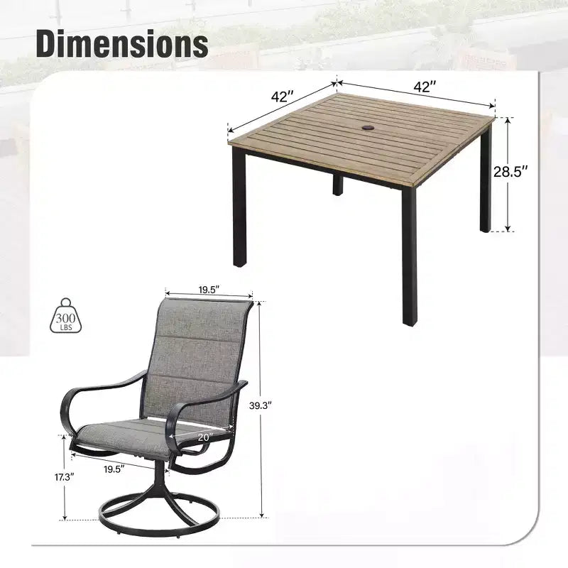 Captiva Designs 5pc Outdoor Patio Square Dining Steel Table & Swivel Sling Metal Chairs