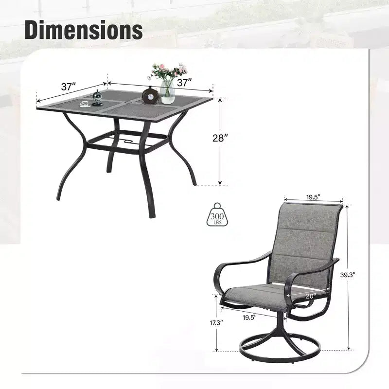 Captiva Designs 5pc Outdoor Patio Square Dining Steel Table & Swivel Sling Metal Chairs