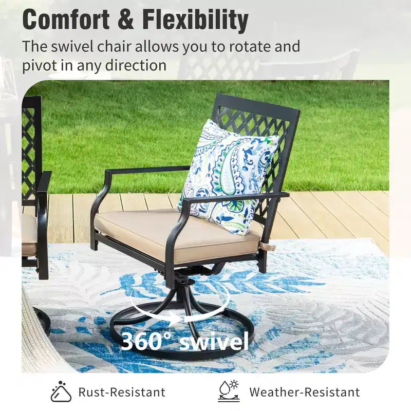 Captiva Designs 7pc Patio Slatted Top Steel Dining Table with Umbrella Hole & Stylish Back Metal Chairs