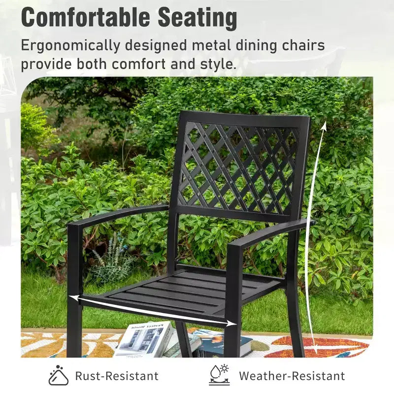 Captiva Designs 7pc Patio Slatted Top Steel Dining Table with Umbrella Hole & Stylish Back Metal Chairs