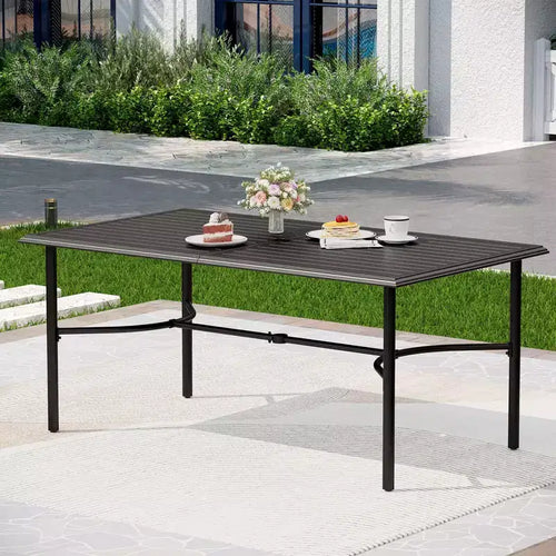 Tavolo da pranzo da patio in acciaio con piano a doghe Captiva Designs, 7 pezzi, con foro per ombrellone e sedie eleganti in metallo con schienale