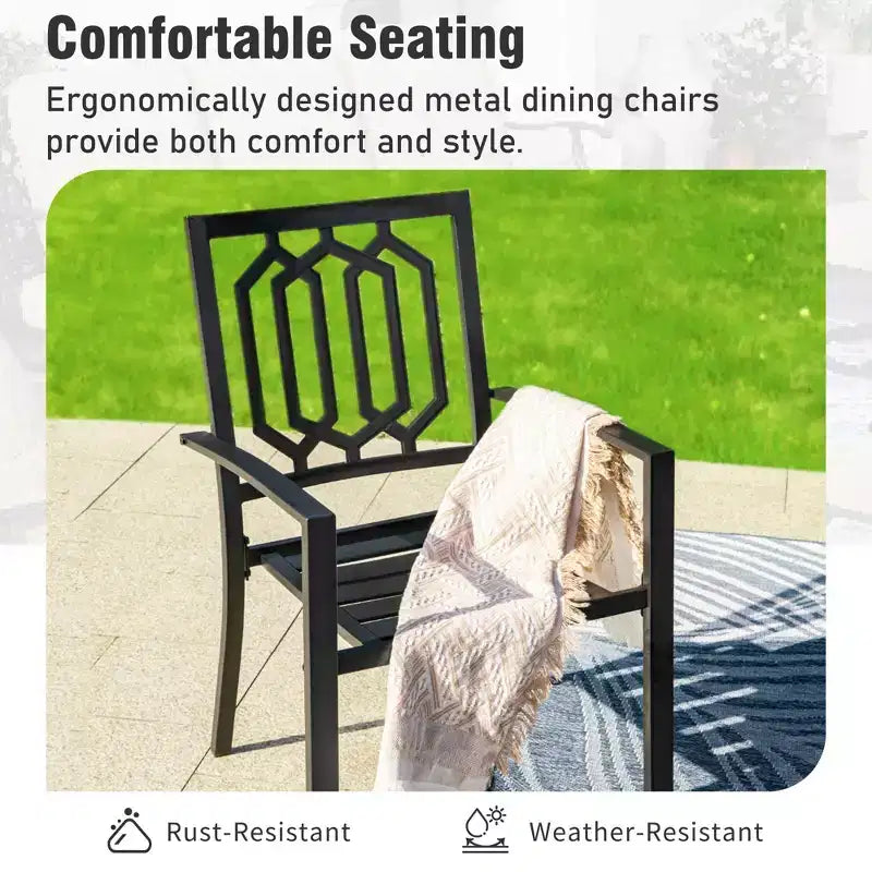 Captiva Designs 7pc Patio Slatted Top Steel Dining Table with Umbrella Hole & Stylish Back Metal Chairs