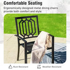 Captiva Designs 7pc Patio Slatted Top Steel Dining Table with Umbrella Hole & Stylish Back Metal Chairs