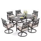 Captiva Designs 7pc Patio Slatted Top Steel Dining Table & Metal Chairs with Seat Cushions and Waist Pillows