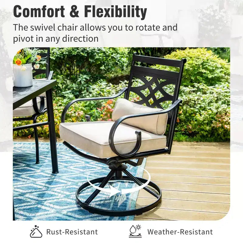 Captiva Designs 7pc Patio Slatted Top Steel Dining Table & Metal Chairs with Seat Cushions and Waist Pillows