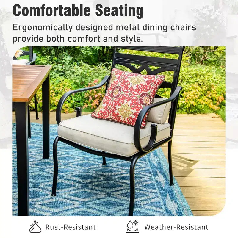 Captiva Designs 7pc Patio Slatted Top Steel Dining Table & Metal Chairs with Seat Cushions and Waist Pillows