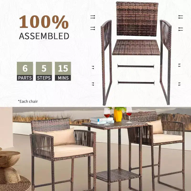 VINGLI 3 PCS Patio Bar Set Wicker, Outdoor Bar Table and Bar Stools with Storage Shelf and Cushions, Bar Height Outdoor Table and Chairs