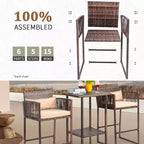 VINGLI 3 PCS Patio Bar Set Wicker, Outdoor Bar Table and Bar Stools with Storage Shelf and Cushions, Bar Height Outdoor Table and Chairs