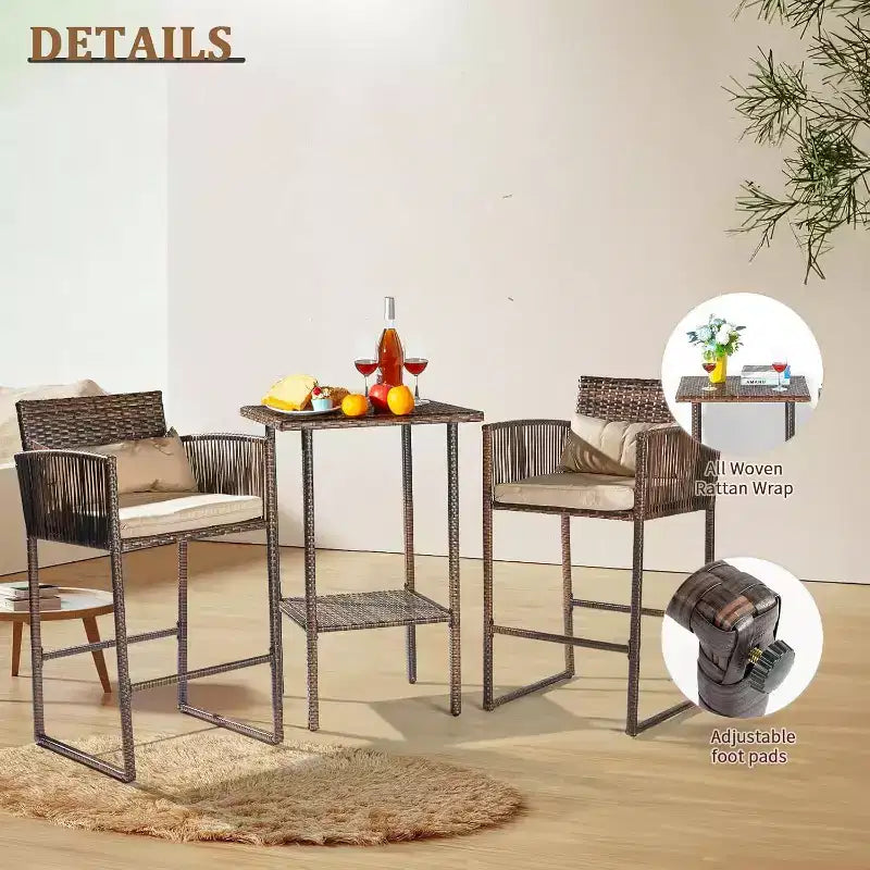 VINGLI 3 PCS Patio Bar Set Wicker, Outdoor Bar Table and Bar Stools with Storage Shelf and Cushions, Bar Height Outdoor Table and Chairs