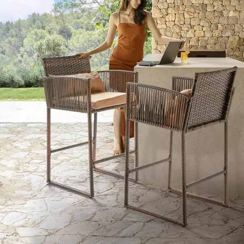 VINGLI 3 PCS Patio Bar Set Wicker, Outdoor Bar Table and Bar Stools with Storage Shelf and Cushions, Bar Height Outdoor Table and Chairs