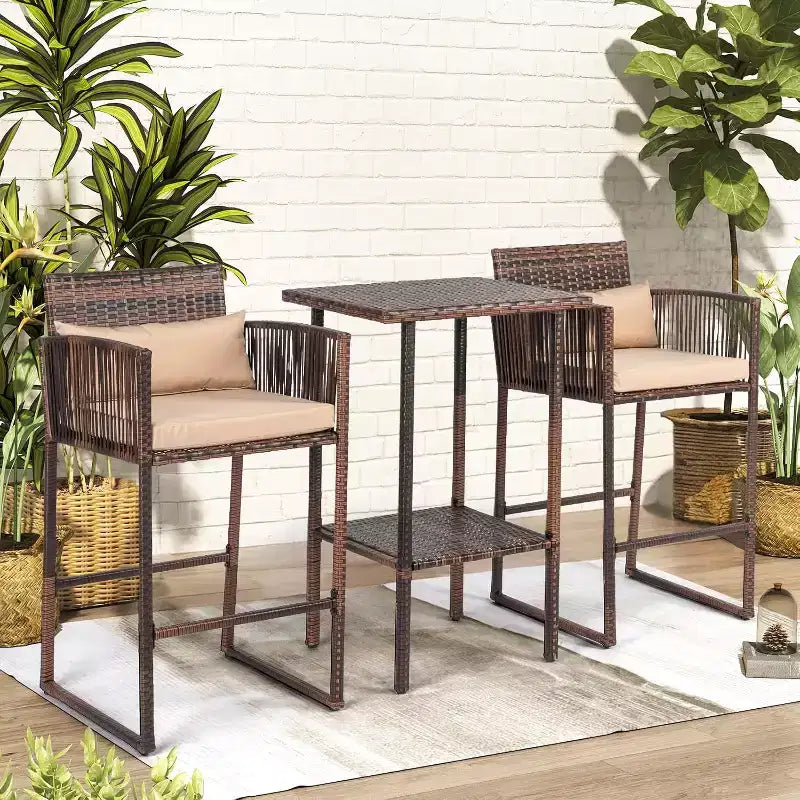 VINGLI 3 PCS Patio Bar Set Wicker, Outdoor Bar Table and Bar Stools with Storage Shelf and Cushions, Bar Height Outdoor Table and Chairs