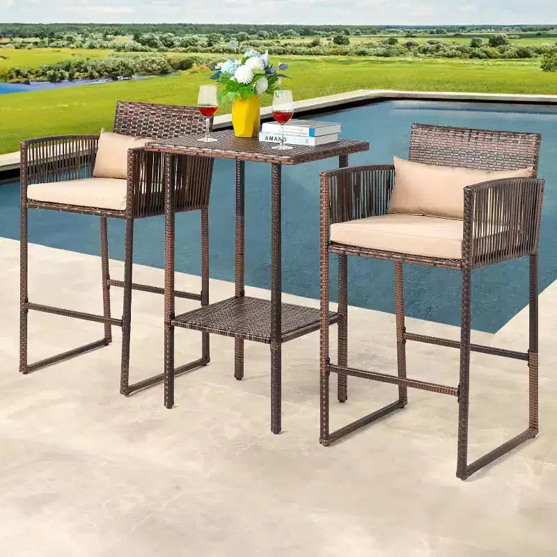 VINGLI 3 PCS Patio Bar Set Wicker, Outdoor Bar Table and Bar Stools with Storage Shelf and Cushions, Bar Height Outdoor Table and Chairs