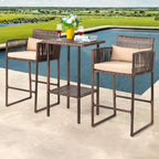 VINGLI 3 PCS Patio Bar Set Wicker, Outdoor Bar Table and Bar Stools with Storage Shelf and Cushions, Bar Height Outdoor Table and Chairs