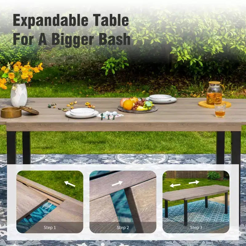 Captiva Designs 7pc Outdoor Patio Expandable Steel Dining Table & Crescent Arm Rattan Chairs