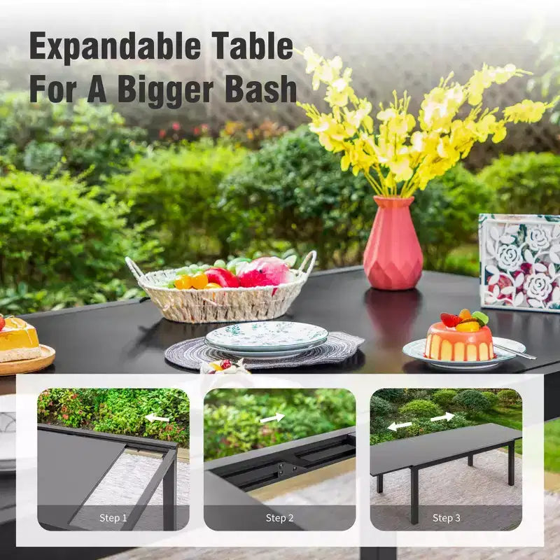 Captiva Designs 7pc Outdoor Patio Expandable Steel Dining Table & Crescent Arm Rattan Chairs