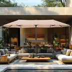Captiva Designs 8pc Outdoor Slat-top Rectangular Steel Dining Table & Black Steel Chairs & Beige Umbrella