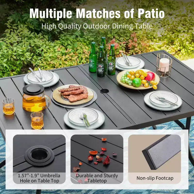 Captiva Designs 8pc Outdoor Slat-top Rectangular Steel Dining Table & Black Steel Chairs & Beige Umbrella
