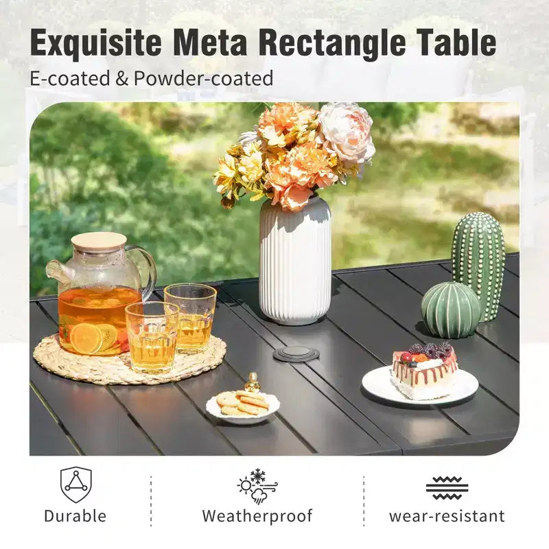Captiva Designs 8pc Outdoor Slat-top Rectangular Steel Dining Table & Black Steel Chairs & Beige Umbrella